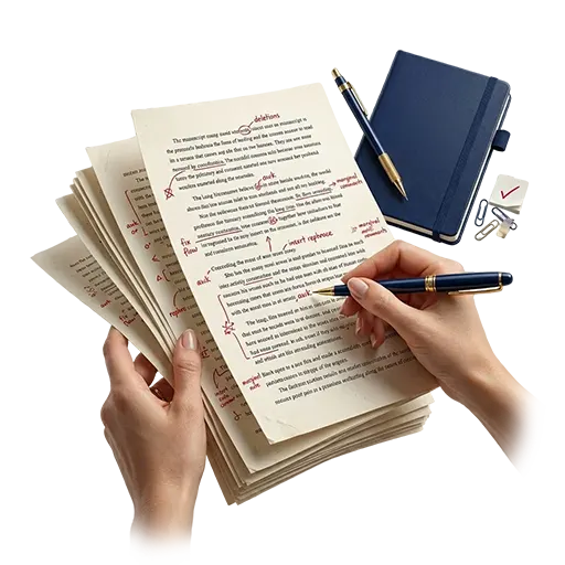 Editor marking up a printed manuscript at a desk